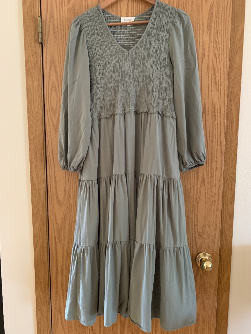 Smocked Tiered Midi Dress in Sage